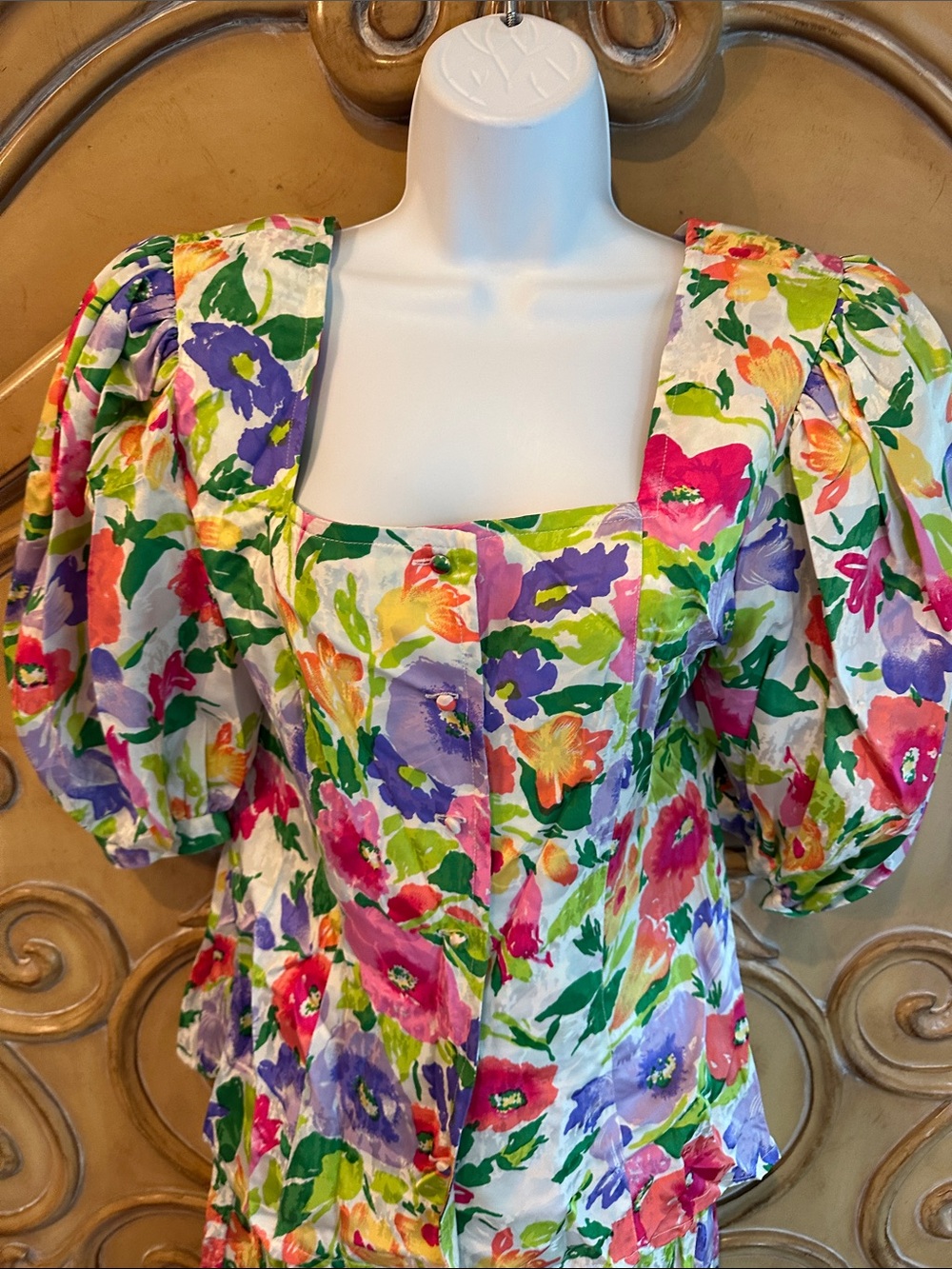 Vintage Della Roufogali Watercolor Floral Puff-Sleeve 2-piece Midi Dress - Picture 2 of 16